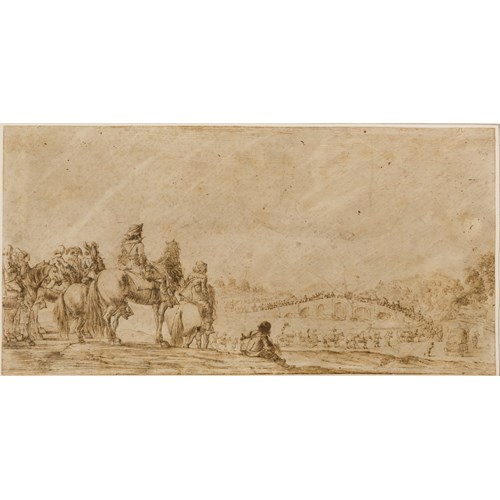 A Procession of Horsemen and Carriages Crossing a Bridge